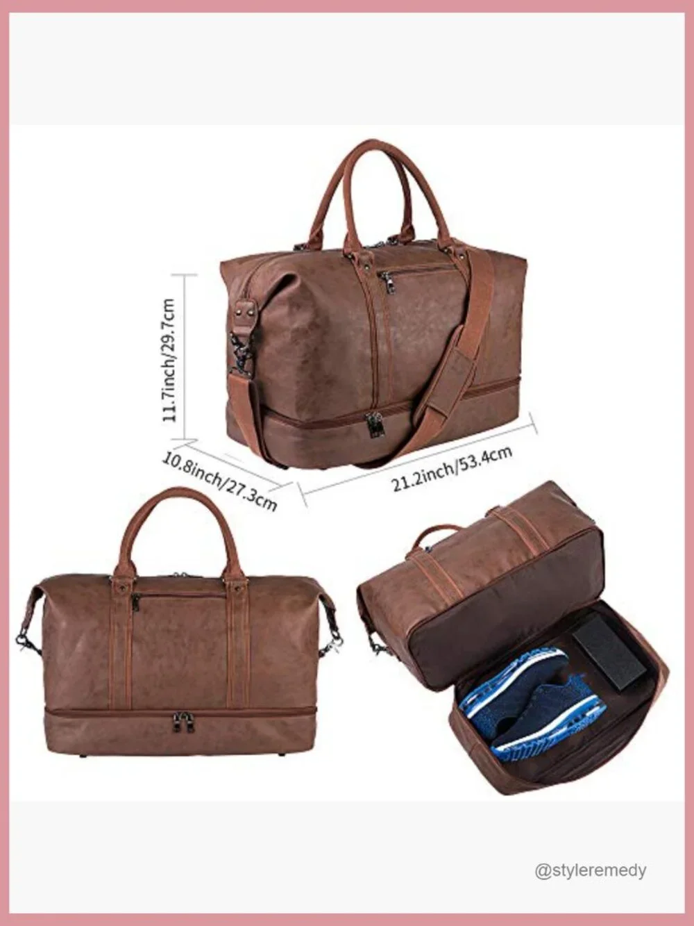 Leather Weekender Overnight Carry On Travel Duffel Bag with Shoe Pouch